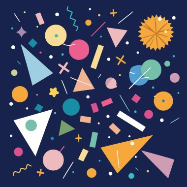 Üçgen daireler ve karalamalar gibi çeşitli renkli geometrik şekillerle dolu koyu mavi bir zemin.