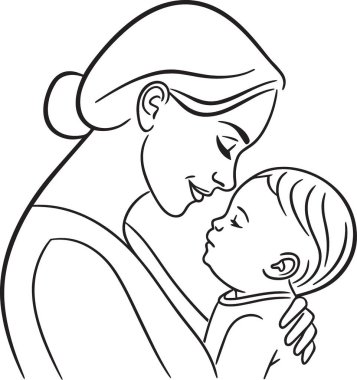 Minimalist bir siyah beyaz çizgi, bebeğini şefkatle tutan bir annenin çizimi..