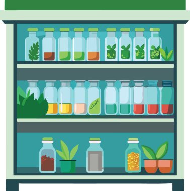 Açık mavi bir dolapta renkli sıvılarla dolu sıra sıra cam şişeler ve yüksek kalitede bitki yaşamları sergileniyor.