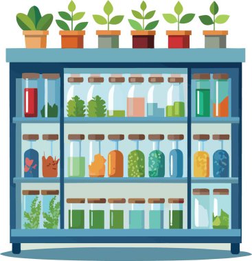 Renkli bir illüstrasyon, yukarıdaki saksı bitkileriyle dolu bir raf ve aşağıdaki çeşitli sıvı ve malzemelerle dolu kavanozları tasvir ediyor.