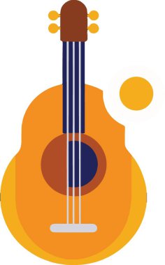 Renkli bir illüstrasyonda, yakın çevresindeki parlak sarı güneşli, yüksek kaliteli, detaylı profesyonel bir akustik gitar tasvir ediliyor.