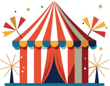 Kırmızı ve beyaz çizgili parlak renkli bir sirk çadırı çizimi ve parlak havai fişek efektleri yüksek kaliteli profesyonel