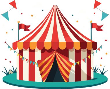 Renkli bir illüstrasyonda klasik kırmızı ve beyaz çizgili sirk çadırı resmediliyor.