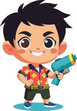 Siyah saçlı neşeli çizgi film çocuğu elinde parlak mavi bir su tabancasıyla yaz eğlencesine hazır bekliyor.