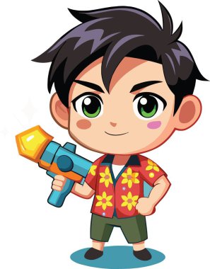 Çekici bir chibi stili tasvir, parlak mavi bir su tabancası tutan genç bir çocuğu tasvir ediyor.