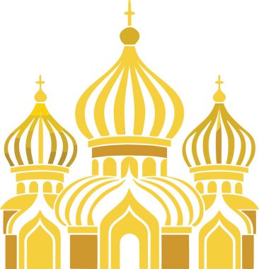 Şekillendirilmiş altın bir illüstrasyon, birden fazla kubbesi olan ve yüksek kalitede profesyonel haçları olan geleneksel bir Rus Ortodoks kilisesini resmediyor.