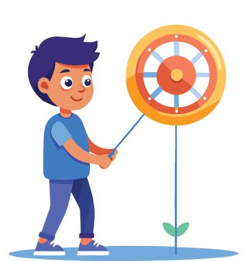 Genç bir çocuk basit bir karikatür çiziminde parlak renkli dönen tekerlek oyuncağıyla neşeyle oynuyor.