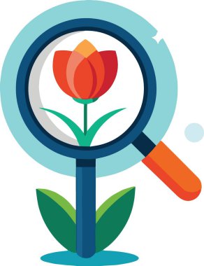 Canlı kırmızı bir lale, detaylı gözlem ve botanik çalışmalarını sembolize eden bir büyüteç altında yakından incelenir.