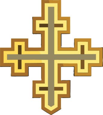 Katmanlı altın rengi kahverengi ve gri renk şeması olan stilize edilmiş geometrik bir Hıristiyan haçı.