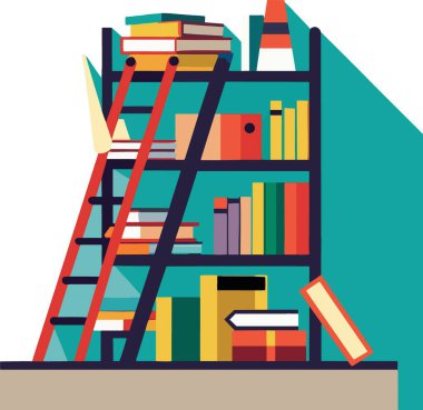 Renkli bir illüstrasyon, kitaplarla dolu ahşap bir kitaplık ve üzerine yaslanmış kırmızı bir merdiven tasvir ediyor.