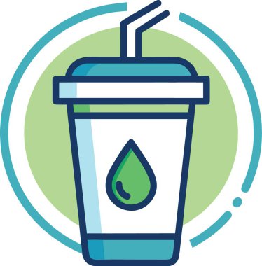 A colorful illustration depicts a disposable cup with a lid straw and a single water droplet high quality