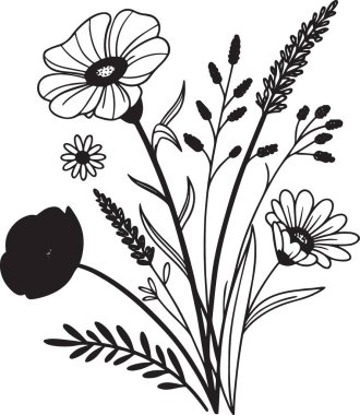 Narin bir çiçek aranjmanı, çeşitli kır çiçekleri ve otları minimalist siyah beyaz tarzda sergiliyor.