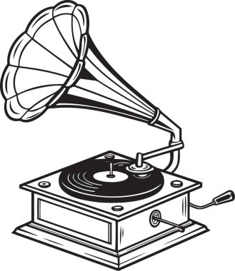 Ahşap tabanlı büyük boynuzlu antika bir gramofonun temiz siyah beyaz çizgisi..