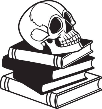 Bir yığın ciltli kitabın üzerine yerleştirilmiş bir insan kafatasının alternatif açı çizimi..