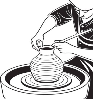 Çömlekçinin elinin detaylı vektör sanatı ve dönen çömlek çarkında kilden vazo şekillendiren aletler.