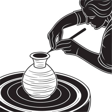 Dönen tekerlekte seramik vazoyu şekillendirmek için bir araç kullanan bir zanaatkarın ayrıntılı siyah beyaz çizimi.