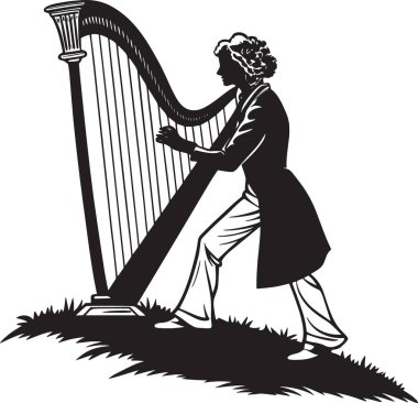 Çimenli bir tepede arp çalan resmi giyinmiş birinin siyah beyaz bir vektörü..