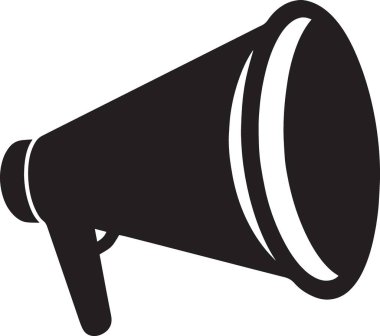 Duyuru ve iletişim için kullanılan basit, koyu siyah bir megafon silueti..