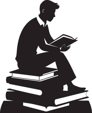 Bir öğrenci ya da bilginin silueti, açık bir kitap okumaya odaklanmış, büyük bir kitap yığınının üzerinde oturuyor..