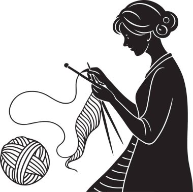 Geleneksel örgü örme zanaatı ile meşgul, akıcı iplikler ve örgü iğneleriyle dolu bir kadının yan görünüşü..