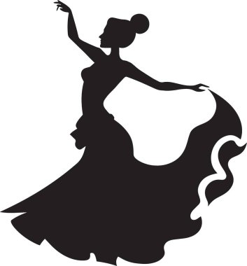 Süpürge gibi bir balo elbisesi içinde dans eden siyah ve beyaz bir dansçı silueti..