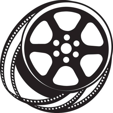 Dinamik bir perspektiften gösterilen, gevşek film şeritli bir film makarasının siyah ve beyaz vektör çizimi.