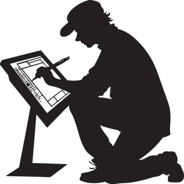 Geniş eğimli dijital çizim tableti üzerinde çalışırken diz çöken yaratıcı bir profesyonelin silueti..