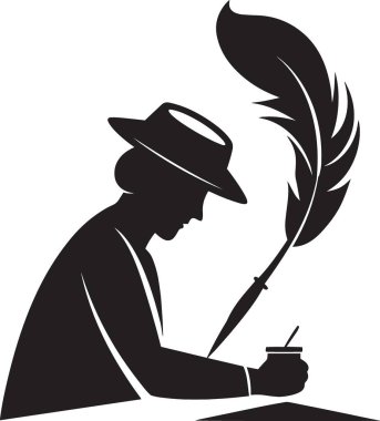 Masasında dev bir tüy kalemi olan şapka giyen birinin profil silueti..