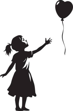 Havada süzülen kalp şeklinde bir balona uzanan siyah beyaz bir kız silueti..
