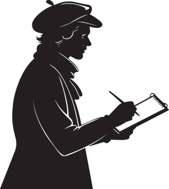 Bere ve eşarp takan, elinde kalem tutan ve panoya çizim yapmaya odaklanmış bir kişinin silüeti..