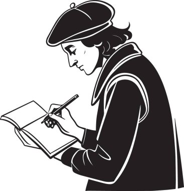 El bilgisayarında dikkatlice yazan ya da çizen bereli bir kişinin yüksek kontrastlı siyah beyaz çizimi..