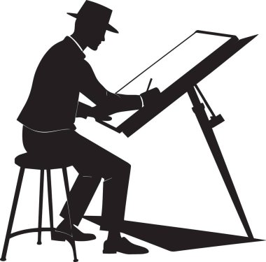 Fötr şapka takan bir adamın siyah beyaz silueti tabureye oturmuş ve büyük bir profesyonel çizim masasına çizim yapıyor..