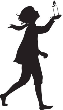 Çıplak ayaklı bir çocuğun profili. Elinde küçük bir tabakta yanan bir mum tutuyor..