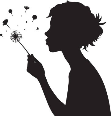 Yakın plan profil silueti bir karahindiba çiçeğinin tohumlarını havaya saçan genç bir kız..