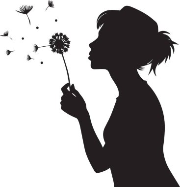 Karahindiba tohumları saçan bir kadının detaylı silueti. Dilekleri sembolize eden, salıveren ve yeni başlangıçları simgeleyen..
