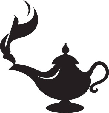 Geleneksel sihirli bir gaz lambasının ayrıntılı silüeti. Uzun bir ağız ve zarif bir sapı var. Ucundan bir tutam duman yükseliyor..