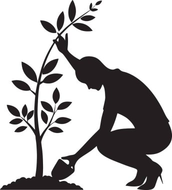 Suya diz çöken ya da büyüyen bir ağacı önemseyen, büyümeyi ve çevresel bakımı simgeleyen bir kişinin silüeti..