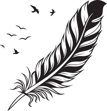Özgürlüğü ve ilhamı simgeleyen, uçup giden bir kuş sürüsüne dönüşen detaylı bir tüyün siyah ve beyaz vektör çizimi.