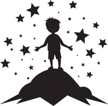 Küçük bir gezegende ya da tepede kollarını yıldızlarla dolu bir gökyüzüne doğru açmış duran siyah bir çocuk silueti..