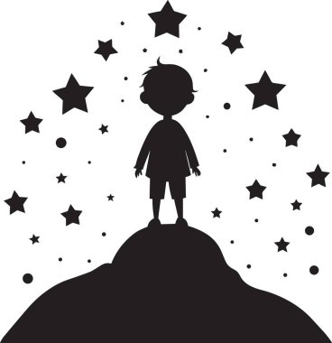 Bir tepenin üstünde duran küçük bir çocuğun silüeti yıldızlar ve göksel noktalardan oluşan bir gölgenin altında..