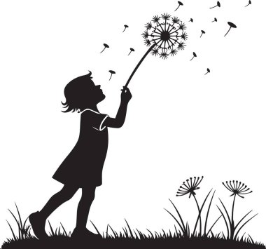 Elbiseli genç bir kızın silueti çayırda duruyor ve büyük bir karahindiba üflüyor..