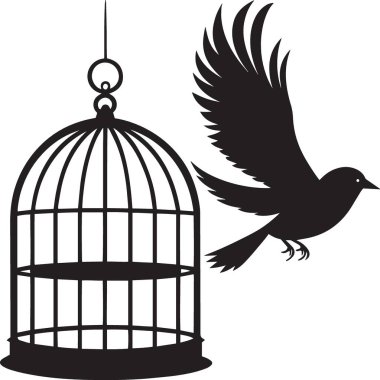 Açık bir kuş kafesinden uçan güçlü bir kuş silueti özgürlüğü ve özgürlüğü simgeliyor..