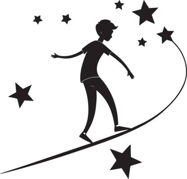 Büyük yıldızların arasında kayan bir yıldızın kıvrımlı patikasında yürüyen ve dengede duran tuhaf bir siluet..