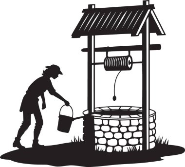 Geleneksel bir su kuyusuna kova taşıyan şapkalı bir kadının ayrıntılı silueti..