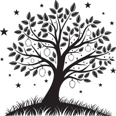 Yüzen yıldızlar ve düşen meyvelerle çevrili çimenli bir tepede yemyeşil bir meyve ağacının şekillendirilmiş siyah ve beyaz silueti..