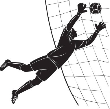Bir futbol kalecisinin silueti, arka planda gol ağıyla topu yakalamak için havada dalıyor..