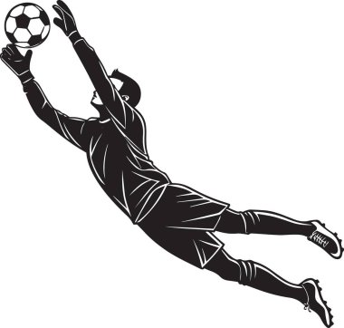 Topu havada yakalamak için çapraz atlayan bir futbol kalecisinin yüksek aksiyonlu silüeti..