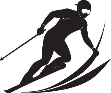 Profesyonel kayakçının yarış pozisyonu almış kayak sopası tutan, kask takan ve gözlük takan siyah ve beyaz vektör çizimi..