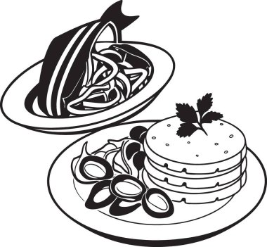 İçinde deniz ürünleri, makarna ve süslenmiş ana yemek bulunan iki tabağın siyah beyaz çizimi..