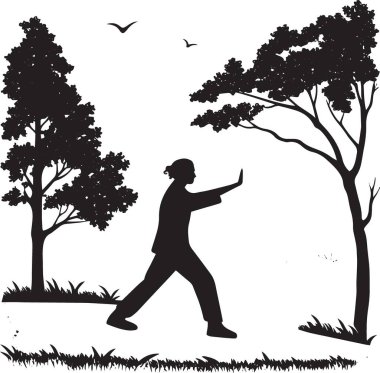 Savunma sanatı uygulayan bir kadının silueti üzerinde kuşlar uçuşan iki büyük ağaç arasında poz veriyor..